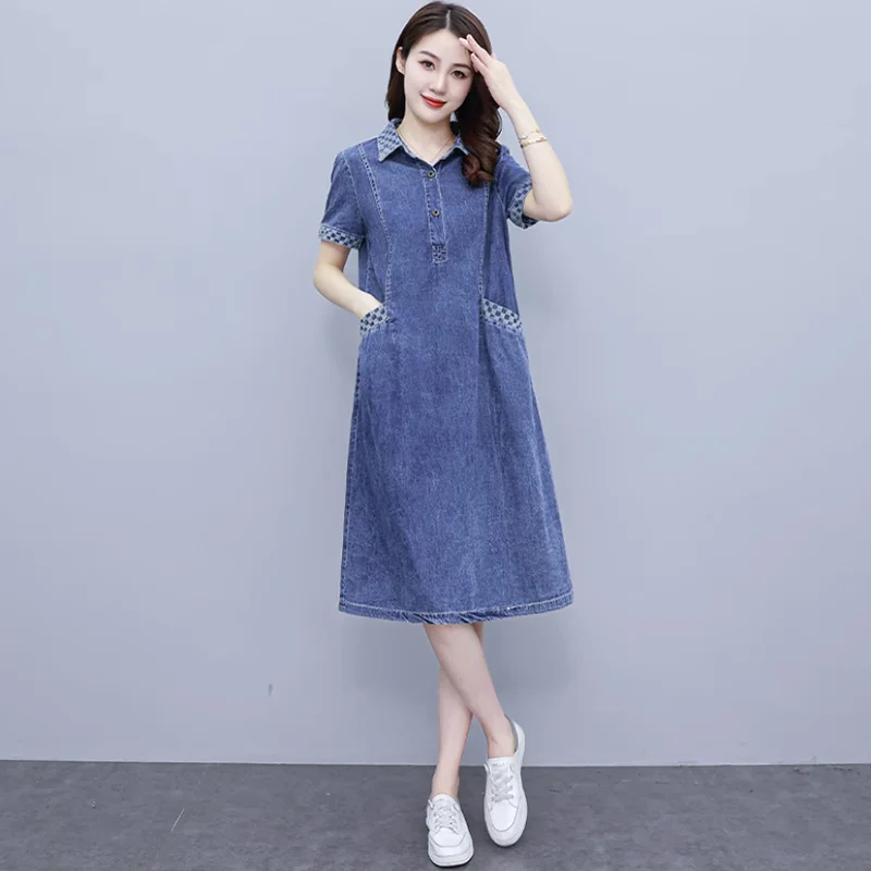 

Women's Korean Casual Short-Sleeved Denim Dress, Plaid Shirt, Long Dresses, Female Stitching Pocket, Y2k, Summer, New