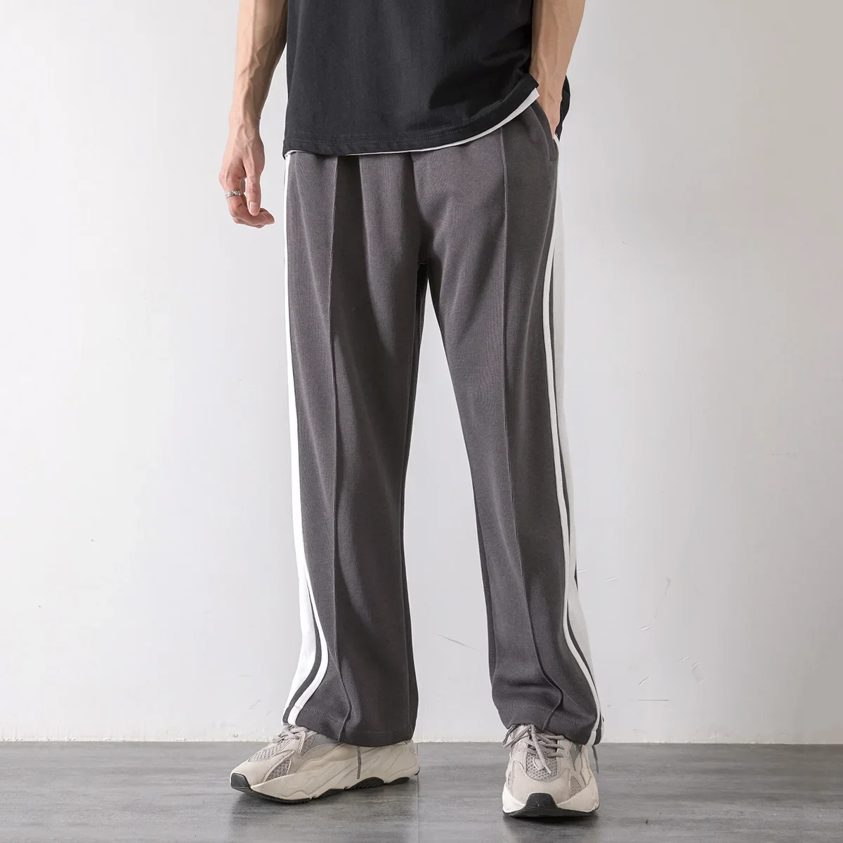Korean Clothes Joggers Basketball Pants Punk Mens Clothing Loose Stripe Drop Straight Trend Casual Trousers Stacked Sweatpants