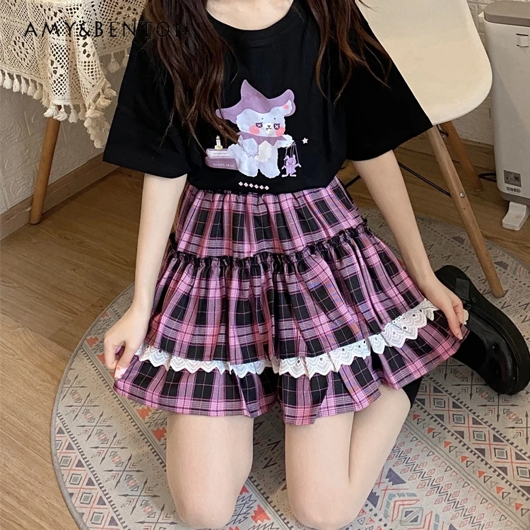 

Japanese Original Black Pink Plaid Skirt Female Sweet Lace Versatile Soft Girl Ruffled Pleated Skirt Preppy Style Skirts Student
