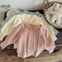 Autumn Kids Baby Girls Sweaters Cotton Knitted Solid Flower Patched Long Sleeve Toddler Girls Coat Children Girls Knitwears 1