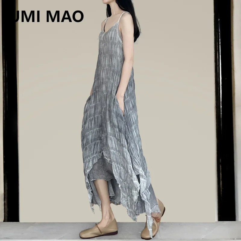 

UMI MAO Chinese Style Dress Femme Plant Dyed Minimalist Niche Irregular Patchwork Hem Retro Slimming Suspender Dresses