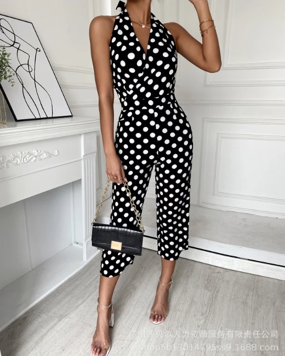 

Jumpsuit Women Summer Fashion Polka Dot Print High Waist Casual Hanging Neck Backless Sleeveless Daily Jumpsuit Y2K Streetwear