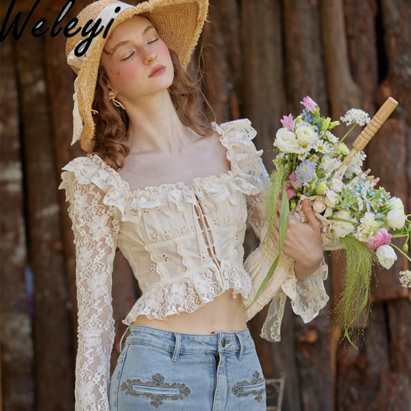 Retro Style Sweet Lace Hollow Out Bandage Shirts for Women Spring and Summer New French Sexy Long Sleeve Square Collar Blouses