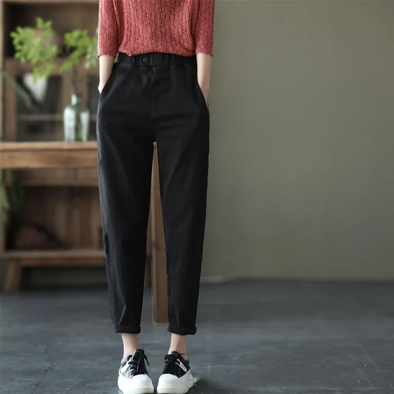 Women's 2024 Spring and Autumn New Retro Panel Elasticized Button Pocket Fashion Solid Color Casual Thin Versatile Harlan Pants