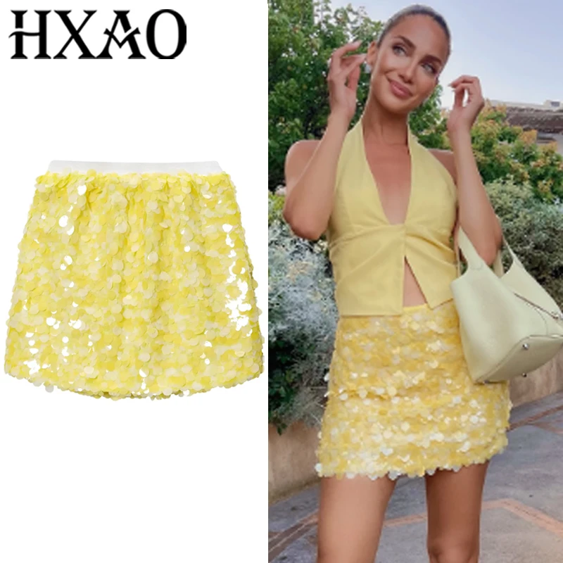 Glitter Yellow Sequin Pencil Skirt HXAO Yellow Mini Skirt Woman