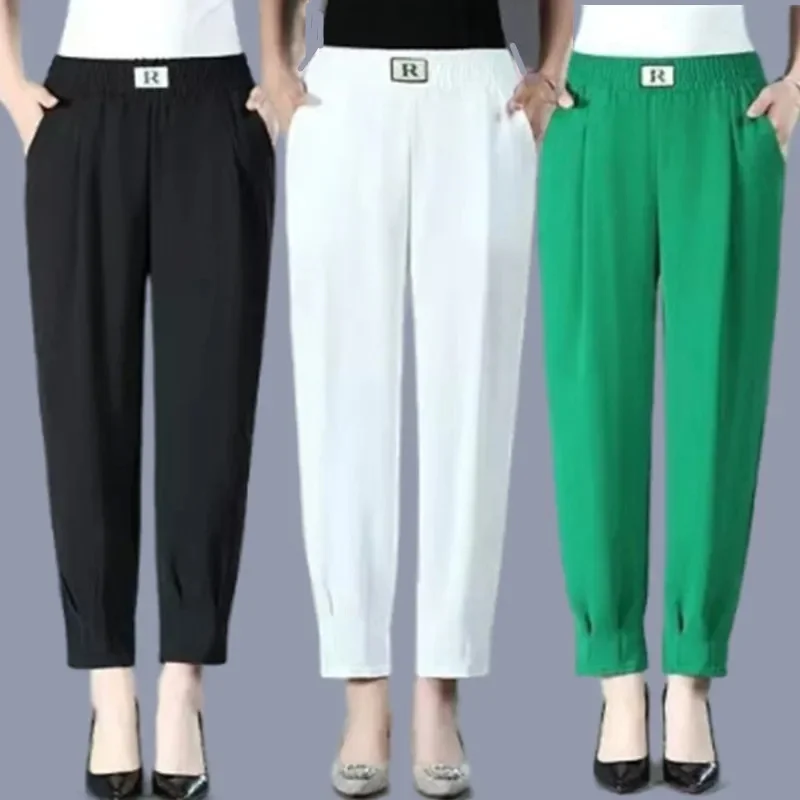 

Summer Women's Harlan Pants New Casual Elastic High Waist Ankle-Length Pants Korean Fashion Pantalon Middle aged Moms Trousers