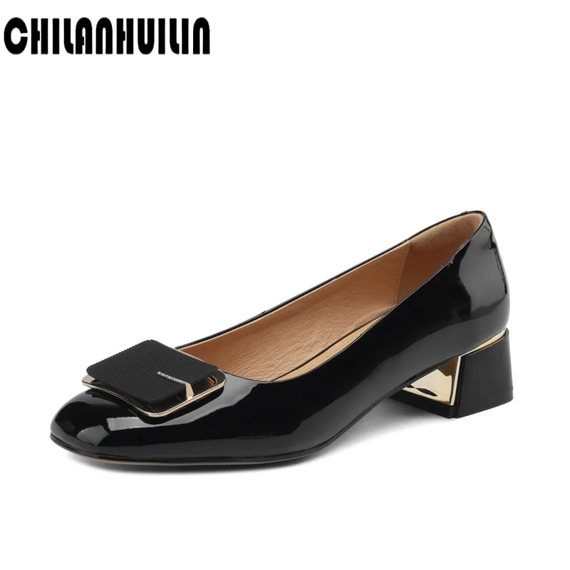 

thick high heel genuine leather pumps fashion metal buckle women shoes square toe shoes woman nude pumps party basic lady shoes