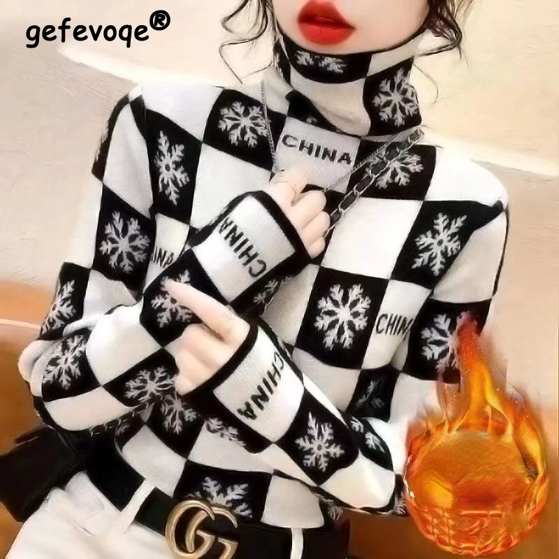 

New Year Vintage Printed T-shirts Women Elegant Turtleneck Autumn Ladies Popular Soft Leisure Chic Top Slim Warm Pullovers Femme