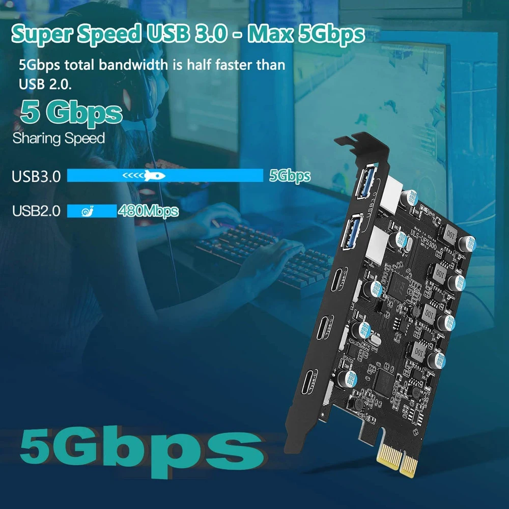 Pcie Adapter Card Pcie Expansion Card Pcie Usb Adapter Card 5 ports 5Gbps PCIE Expansion Card PCIE 1X To 5 Port Type C USB A USB 3.0 Adapter Controller PCI Express Riser Card Extender