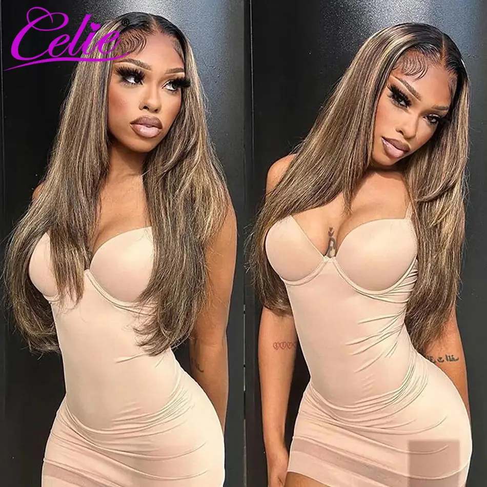 Celie Highlight Straight Wig With Layered Cut Pre Bleached Human Hair Wigs 200 Density Wear&Go Glueless 6x5 HD Lace Closure Wig