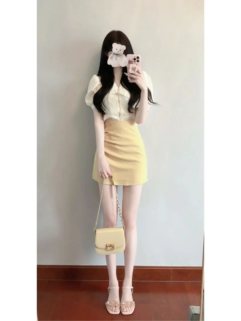 

Women Salt Lapel Shirt Skirt Suit Summer Fashion High Grade Hip Wrap Skirts Slim Professional Temperament Solid Two Piece Set