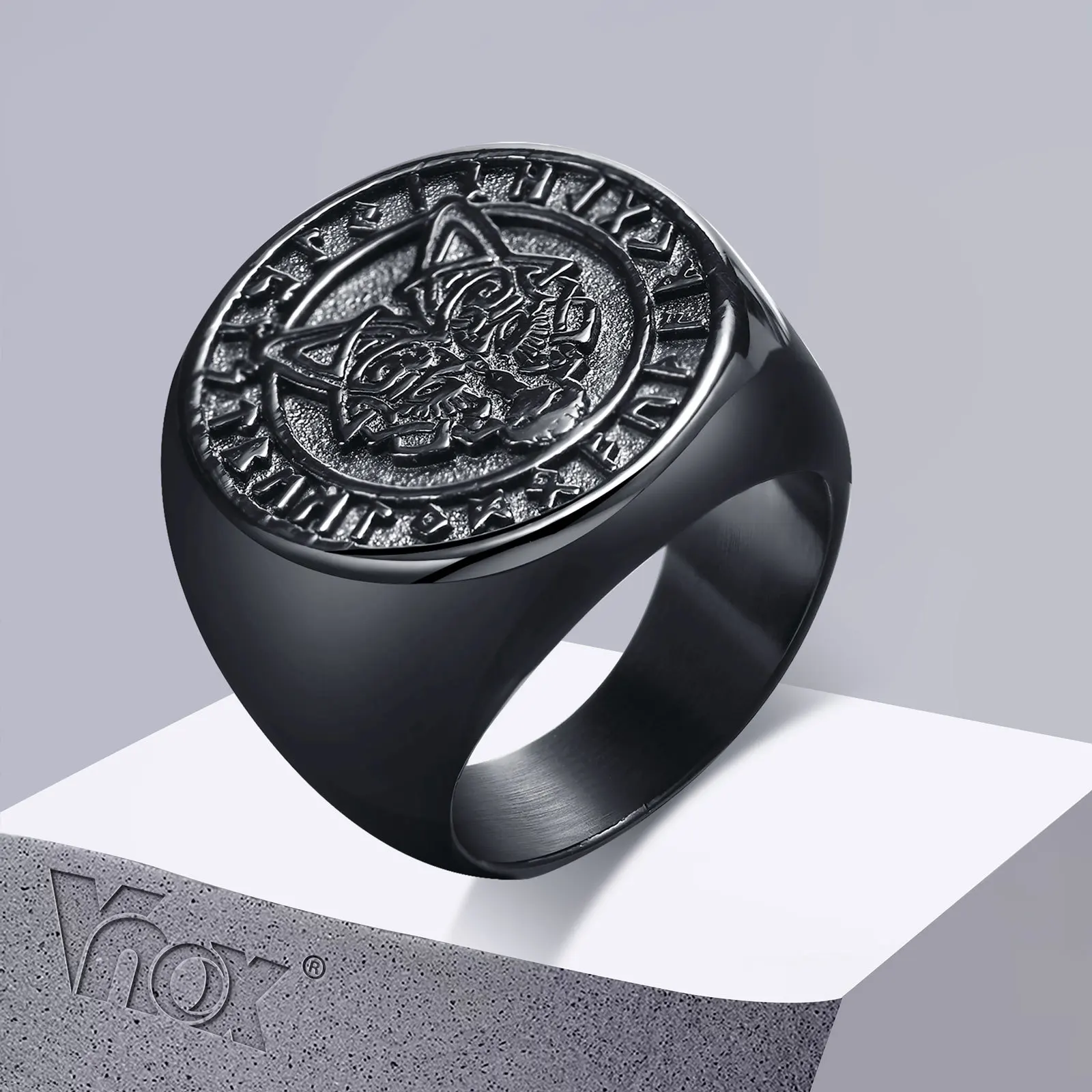 Vnox 22mm Signet Ring for Men, Black Round Top Nordic Viking Wolf
