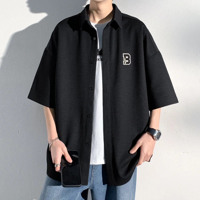 

Short Sleeve Shirt For Men Letter Label Shirts Japanese Style Blouses Streetwear Loose Bf Wind Casual Shirts Unisex Tshirt