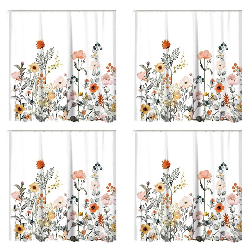 

Floral Shower Curtain With 48 Hooks Watercolor Botanical Flowers Decorative Bath Curtain Modern Bathroom Accessories