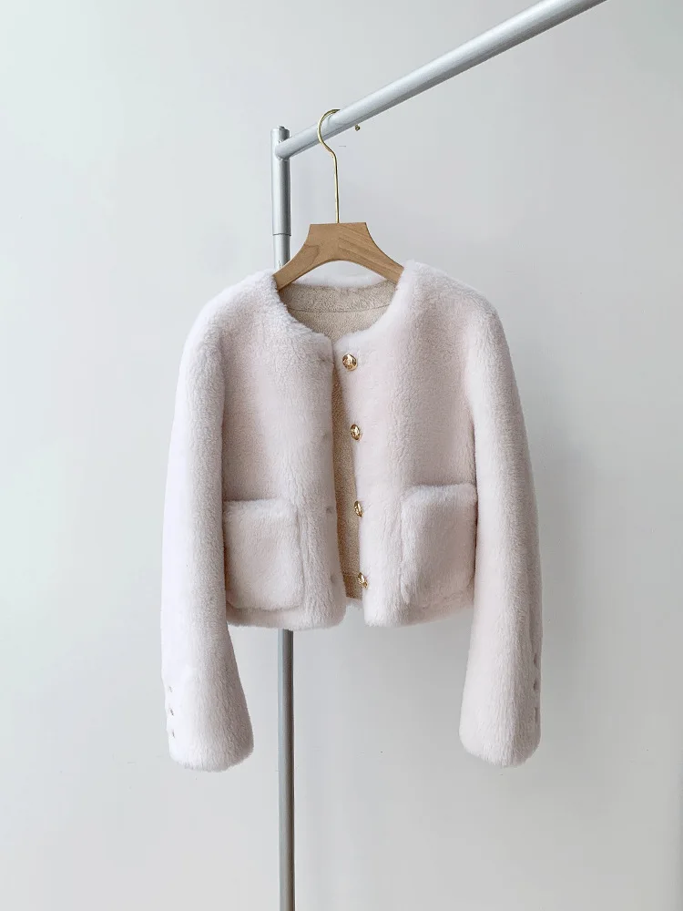 Sweet Little Woman Fur Round Neck Short Lamb Wool Compound Fur Integrated Coat Women's Sheep Shearing Coat