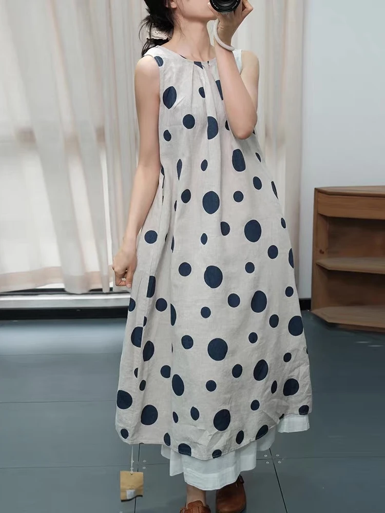 Summer Cotton Vintage Casual Loose Black Polka Dot Dresses For Women Sleeveless Dress Femme Robe Vestidos Elegant Long Clothing