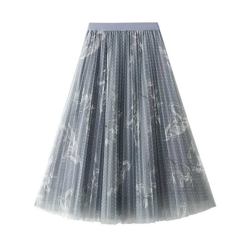 

Women Vintage Tulle Floral Print White Crane Wave Point Skirts Spring Summer Korean High Waist Mesh A Line Ladies Midi Skirt