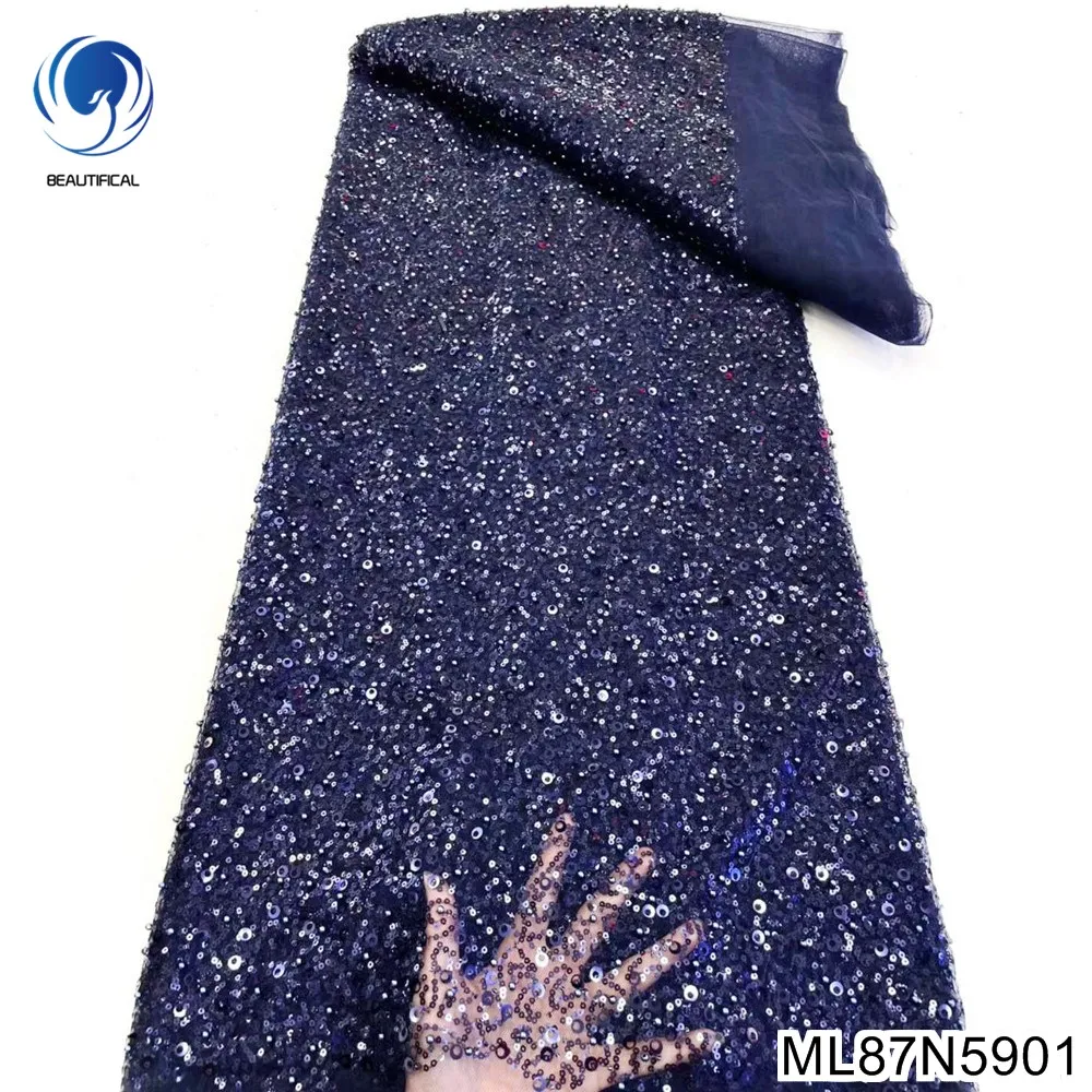 

2023 The Most Popular Bestrewn African Sequins Tulle Lace Fabric with French Heavy Beaded Party Dress ML87N59