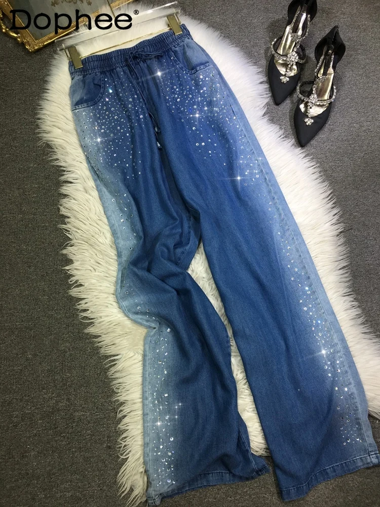 

European Goods Hot Drilling Jeans Women 2024 Summer New Cool Elastic Waist Straight Pants Gradient Color Light Blue Trousers