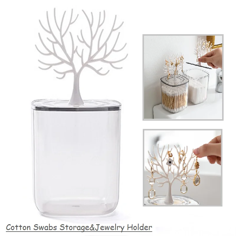 

Acrylic Cotton Swabs Storage Boxes, Transparent Tree Holder for Jewelry Mul Function Cosmetic Cotton Box