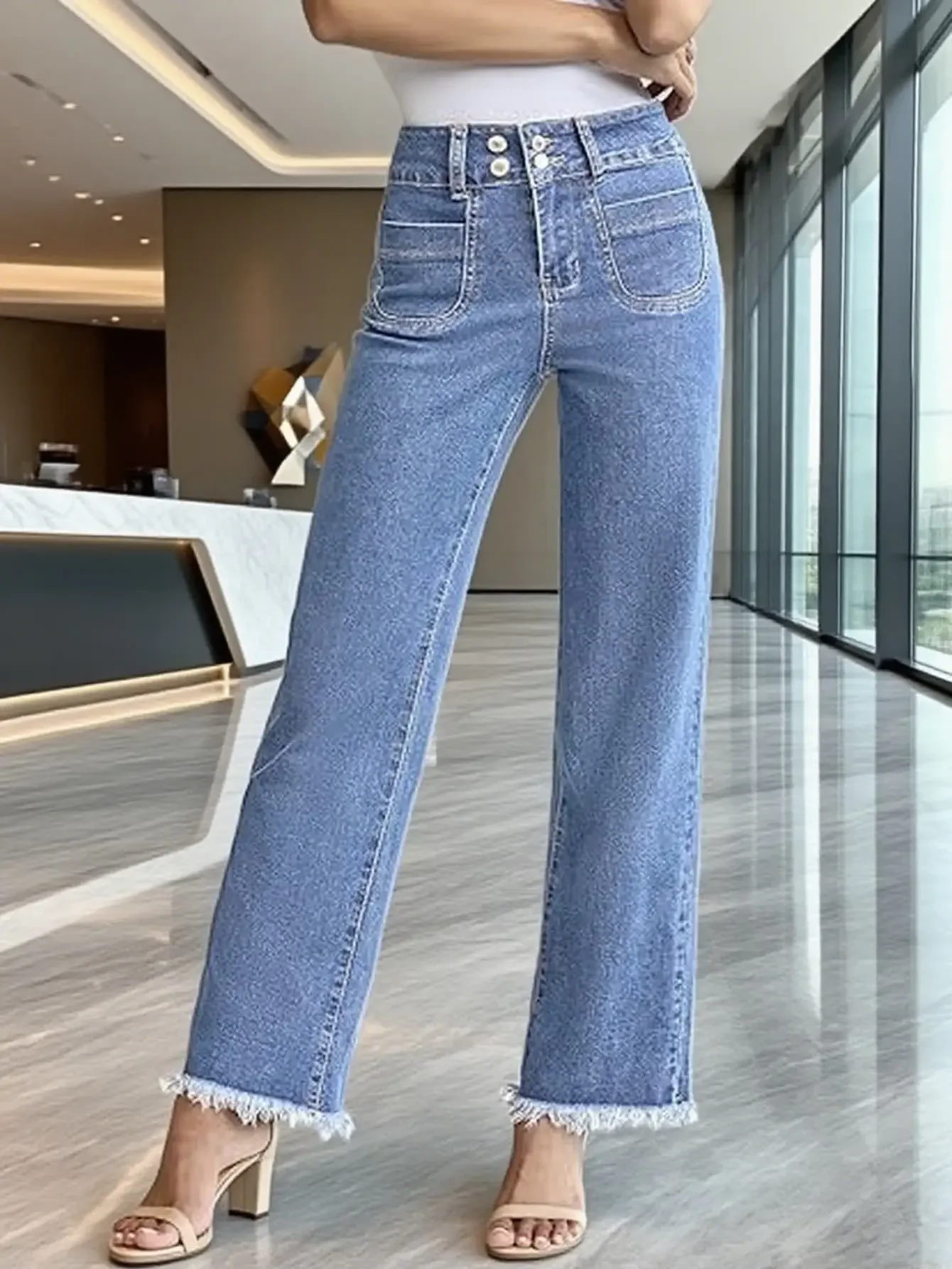 Y2k Jeans For Woman Stretch Denim Trousers Light Blue Straight Leg Multi Button Detail Decorative Pocket New Design 2