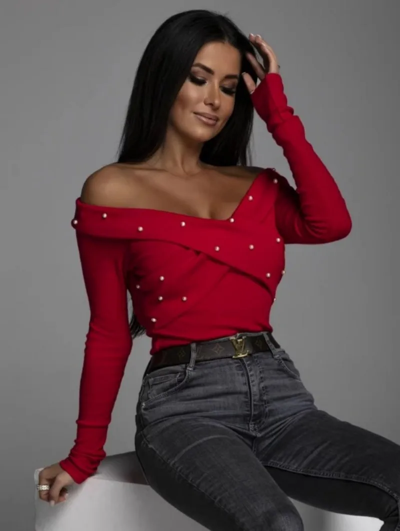 Women's Clothing Casual Spring/summer Fashionable Commuting Sexy Pullover Long Sleeved V-neck Slim Fit Bottom Shirt
