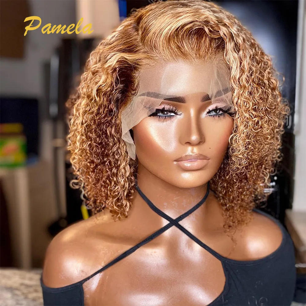 Honey Blonde Short Curly Bob Human Hair Wig Pre plucked Ready To Wear Highlight 27 30 Colored Transparent Lace Frontal Wig
