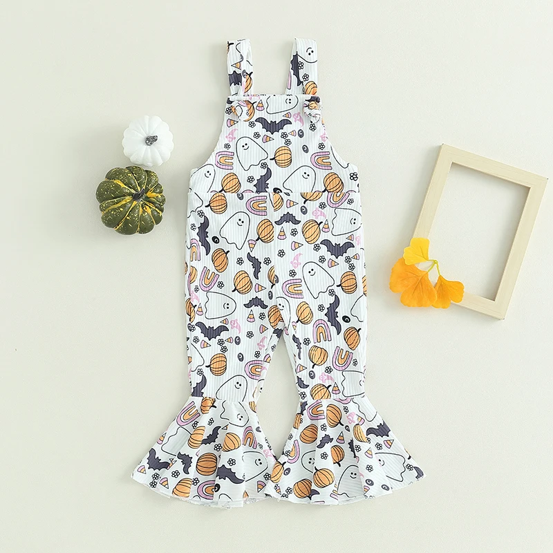 

Toddler Girls Halloween Suspender Pants Sleeveless Ghost Bat Pumpkin Print Jumpsuit