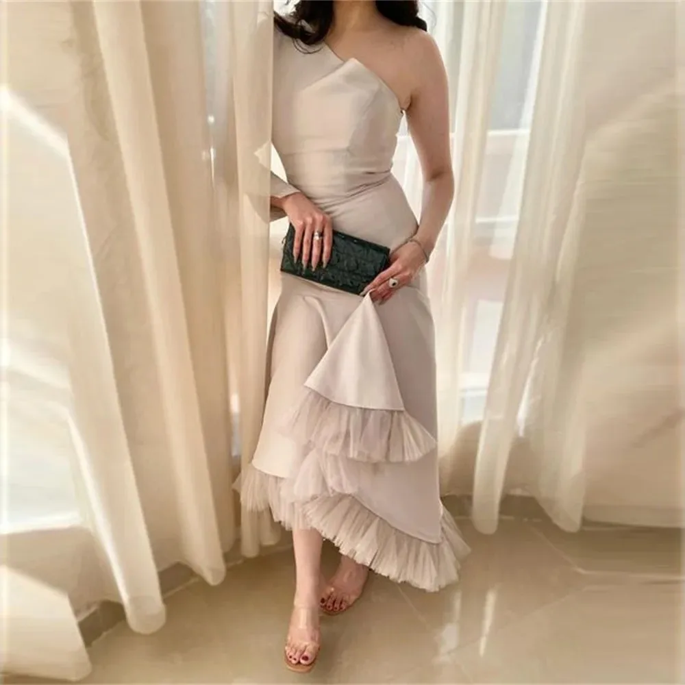 

Flora Dress Fashion Mermaid Satin Prom Dresses One Shoulder Long Sleeve Backless Ankle Length Ruched Tulle Party Evening Gown