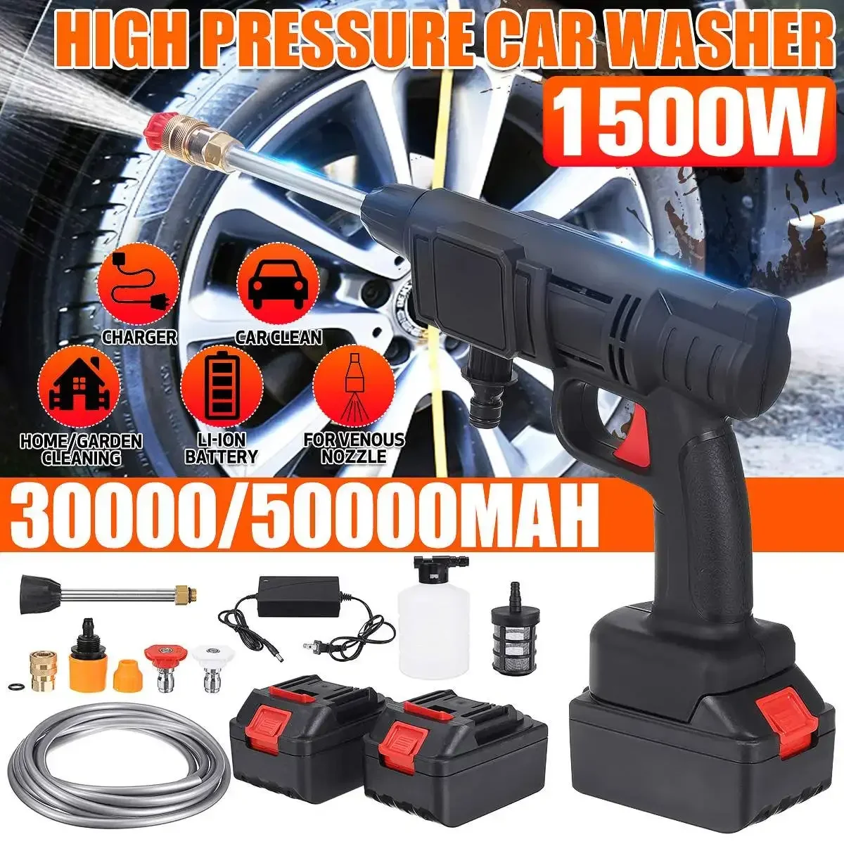 70Bar 1500W Wireless High Pressure Car Wash Washer Gun 50000mah Foam Generator Water Gun Spray Cleaner for Makita 18V Battery 2
