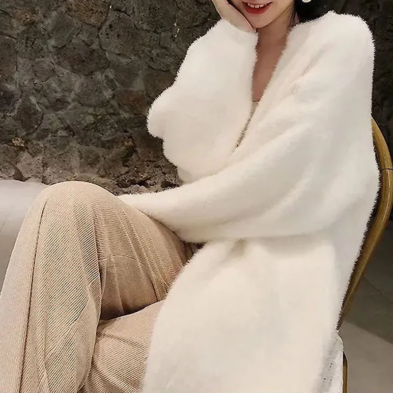 white Long Cardigan for women winter clothes Knitted fluffy long sleeve Cashmere sweater coat clotkorean style warm vintage 6