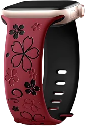 Sakura Floral Engraved Silicone Sport Watch Strap - 44mm 45mm 46mm 49mm (Red black)