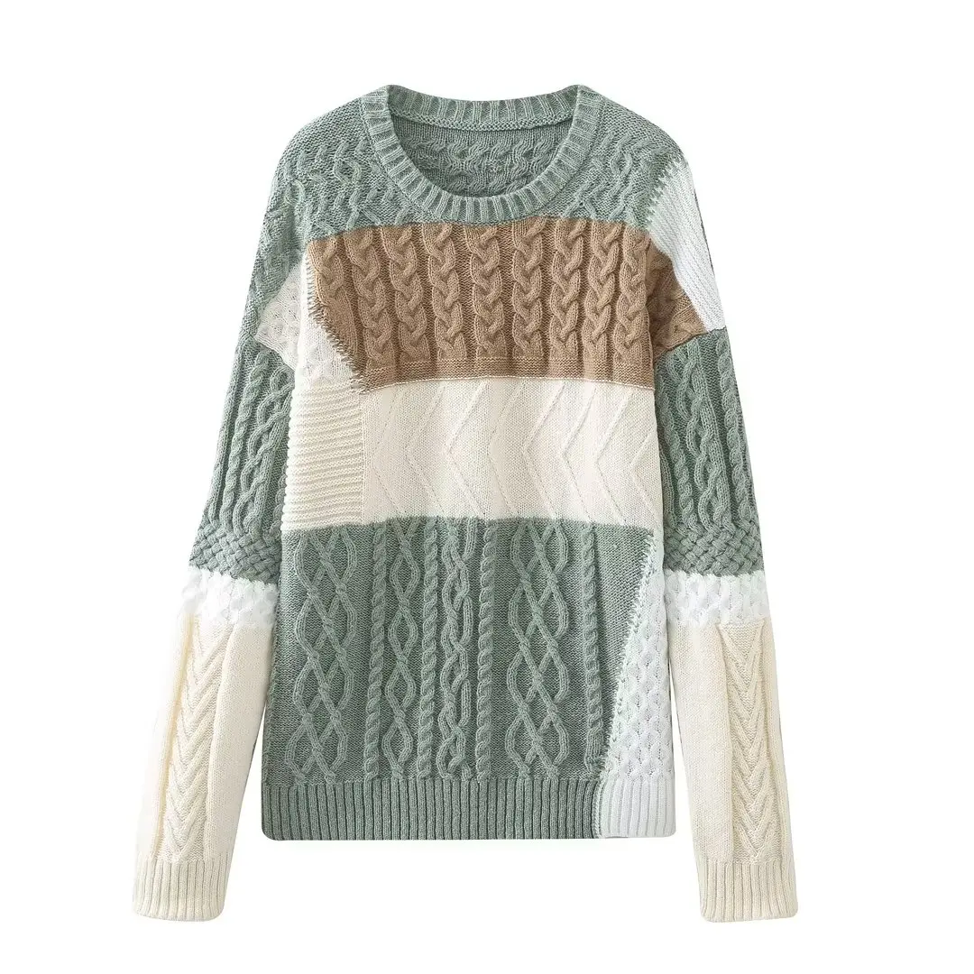 

Women New Fashion Colorblock Knitted Sweater Vintage O Neck Long-sleeved Loose All-match Casual Female Pullovers Chic Tops