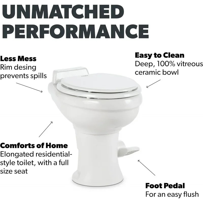 320 RV Toilet White 302320081 Standard Height Gravity Toilet Elongated Ceramic Bowl Flush with Foot Pedal For RVs,