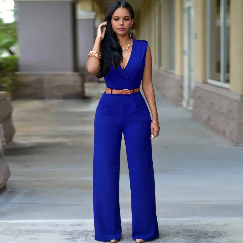 

Sleeveless Romper Elegant V-neck Sleeveless Jumpsuit with Belted Waist Wide Leg Office Party Romper Women's Casual Streetwear