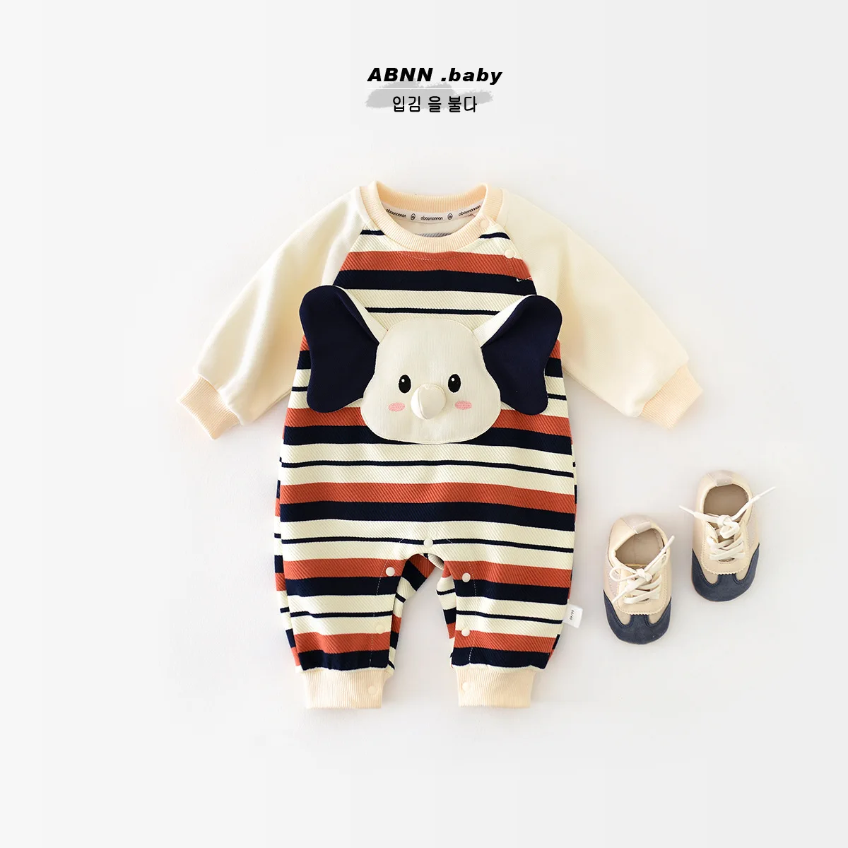 

Newborn Baby Boys Jumpsuit Spring Colorful Striped Cartoon Elephant Patched Infant Boys Climbing Suit Toddler Boys Outfits