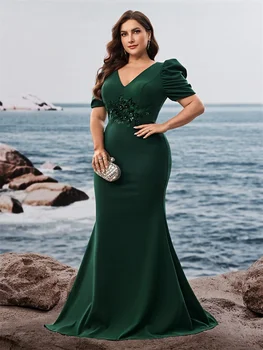 فستان سهرة فاخر بأكمام قصيرة مقاس كبير لعام 2024، فستان كوكتيل أنيق طويل أخضر لحفلات الزفاف والحفلات الراقصة 3