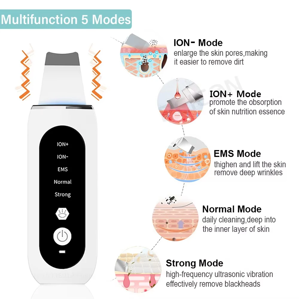 Ultrasonic Skin Scrubber Peeling Acne Blackhead Remover Ultrasonic EMS Ion Acne Pore Face Deep Cleaning Facial Shovel Cleaner 5
