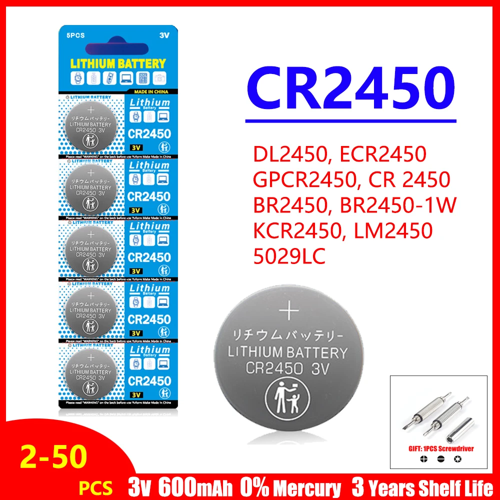 

2-50PCS CR2450 Watch Buttom Battery KCR2450 5029LC LM2450 DL2450 ECR2450 BR2450 CR 2450 3V 600mAh Lithium Coin Cell Batteries