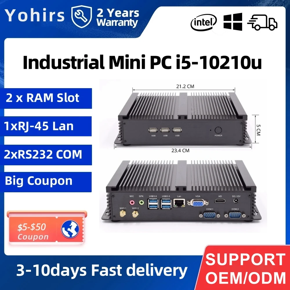 

Yohirs Fanless Industrial Mini PC Core I5 10210U I7 10510U 2*DDR4 2*RS232 COM HDMI VGA kiosk robot vending machine Rugged PC