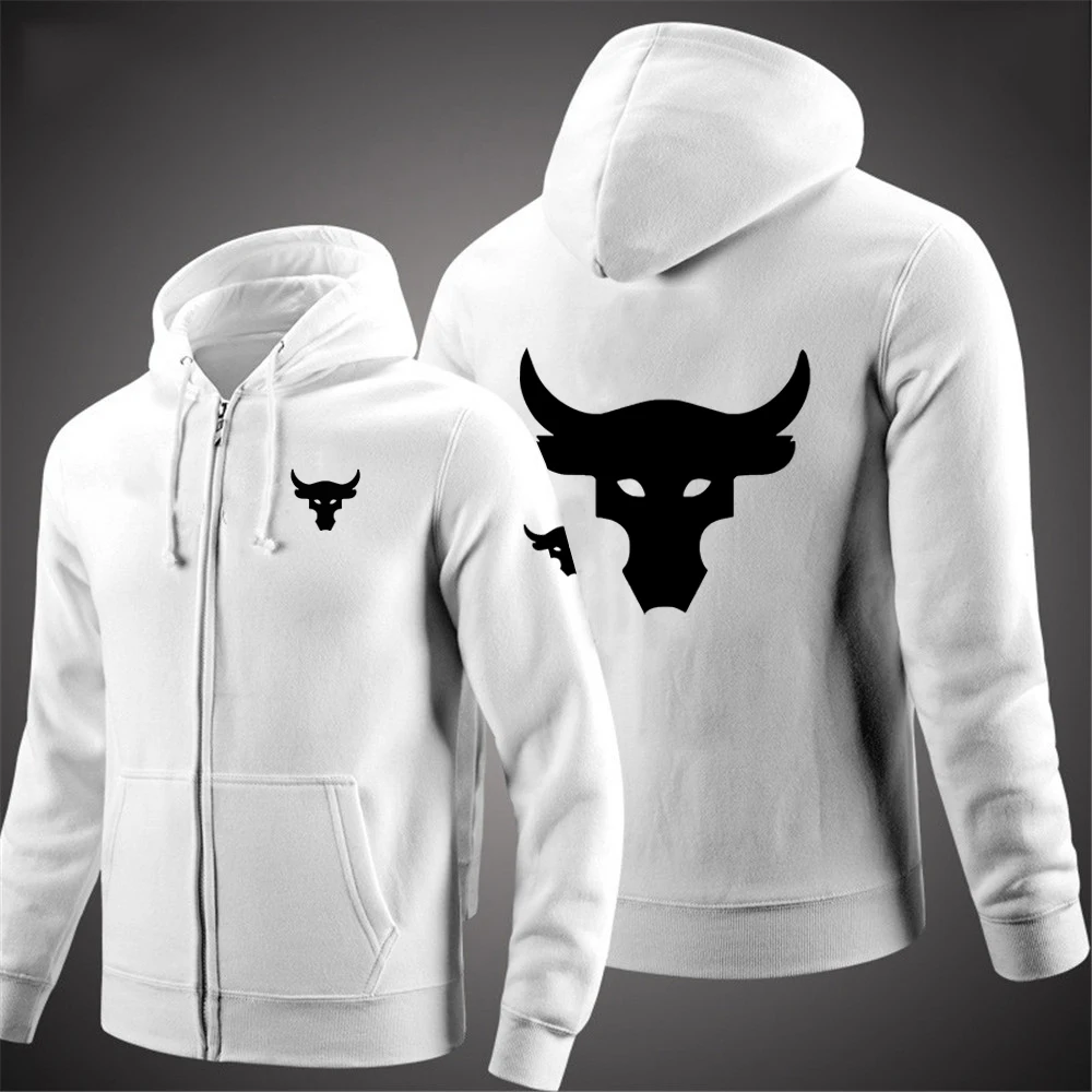 thumbnail image 1 of 2024 Spring Autumn Men's Dwayne Johnson Brahma Bull Tattoo Logo Printed Classic Zipper Solid Color Sports Casual Loose Hoodies, 1 of 5