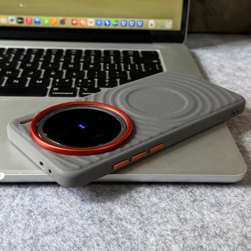 Luxury Colorblock Leather Case with Metal Lens Buttons in Orange - Shockproof and Custom Made