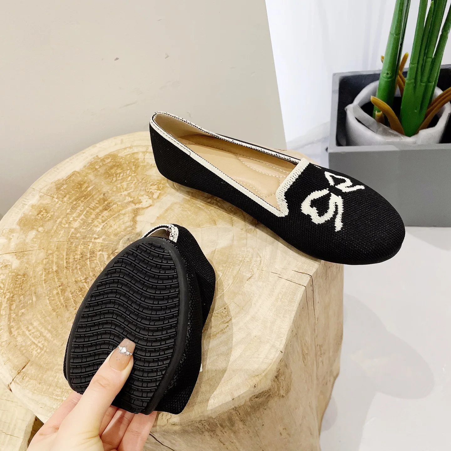 Women Knitted Slip on Flat Shoes Fashion Spring New Bow Moccasins