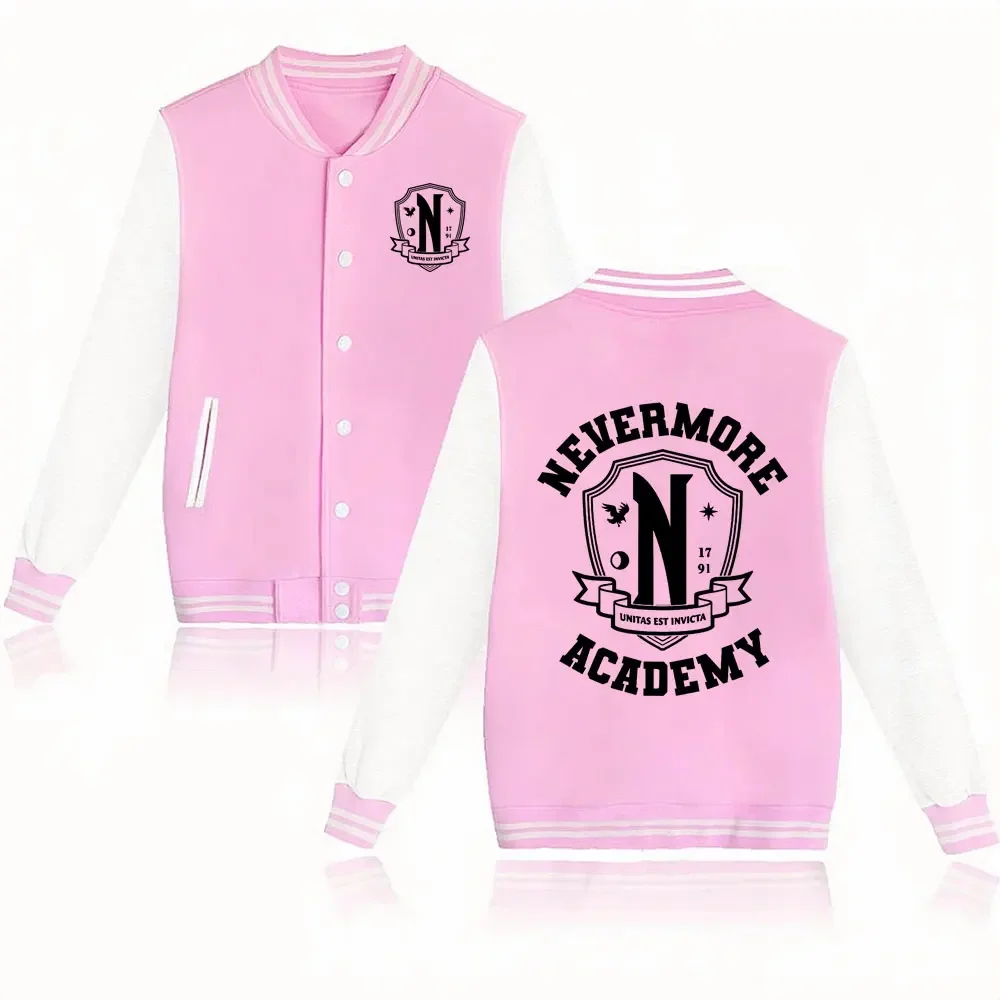 TV Drama Wednesday Addams Baseball Uniform Nevermore Academy Logo Graphic Sweatshirt Men's Women's Fashion Vintage Bomber Jacket