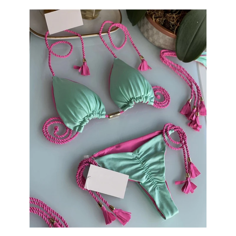 Women Sexy Bikini Thong Bandage Swimsuit Push Up Bikinis Set Pink Halter Swimwear Female Summer Beach Wear 2 Pieces Bathing Suit
