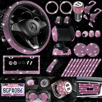 Pink Full Diamond Car Interior Set Drill Car Steering Wheel Cover Car Handle Glove Pink Diamond License Plate Frame 1