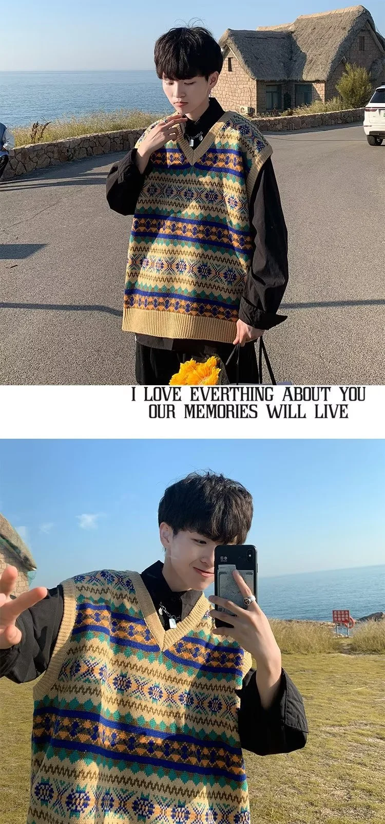 Description Picture 5 of itemRetro V-neck Spring Autumn Knitted Lazy Hong Kong Style Loose Outdoor Wear Sleeveless Cover Head Woolen Vest Men