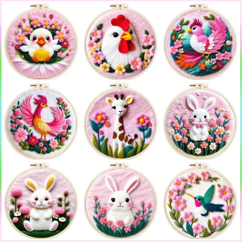 CHENISTORY Wool Needle Felt Poke Starter Set For Beginners Starter Kit Pink Animal Flower Felt Needle For Friends Family gift