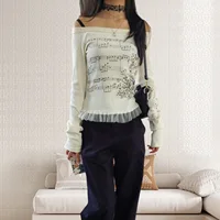 Femmes Y2K graphique à manches longues haut épaules dénudées partition musicale T-Shirt esthétique fée Grunge T-Shirt 2025 automne Streetwear 5