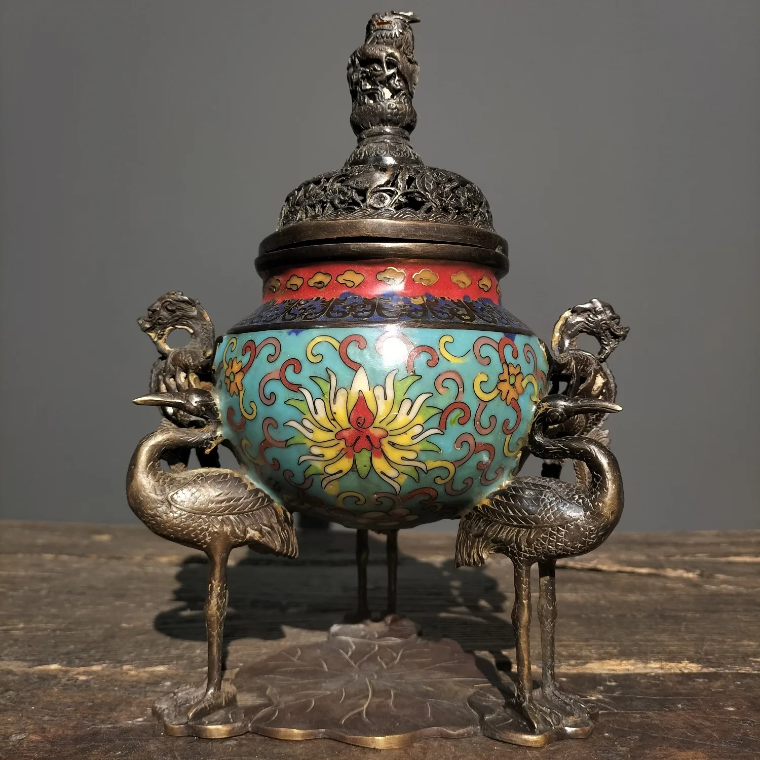 

10"Tibetan Temple Collection Bronze Cloisonne Enamel Dragon statue Sanhe incense burner Gather fortune ornament Town house